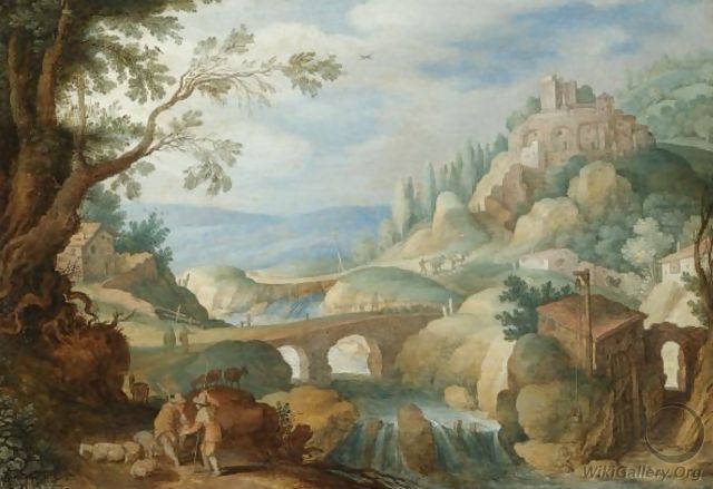 A Mountainous River Landscape With Herdsmen Resting Their Goats In The Foreground - Willem van, the Younger Nieulandt