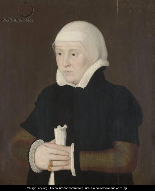 Portrait Of A Lady, Half Length, Wearing A Black Coat With A White Collar And Cuffs - (after) Ambrosius Holbein