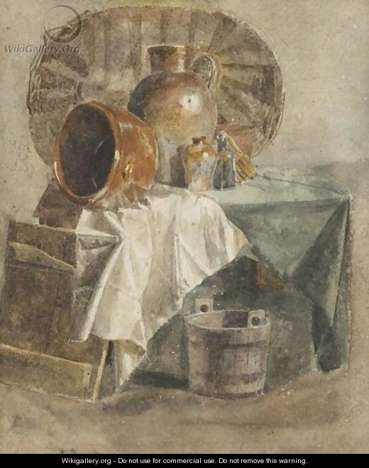Still Life With A Basket, Jars, A Bowl And White Cloth - Peter de Wint