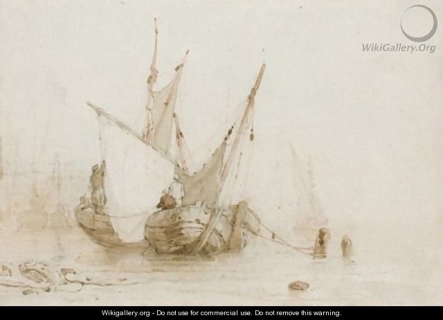 Anchored Boats At Low Tide - Richard Parkes Bonington