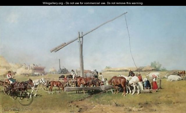 Horses Watering By A Well - Julius von Blaas