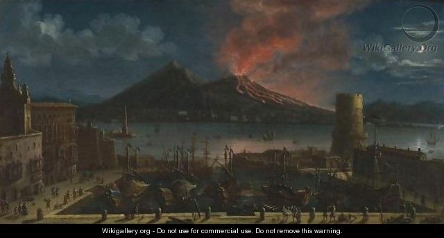 A Nocturnal View Of The Port Of Naples With The Lanterna Del Molo, Vesuvius Beyond - Tommaso Ruiz