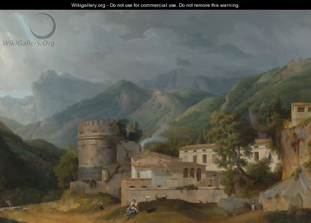 Italian Landscape With A Village At The A Foot Of Mountain Range - Alexandre-Hyacinthe Dunouy