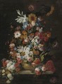 Still Life Of Roses, Tulips, Morning Glories, Irises, Carnations, Lilies, Snowballs, A Sunflower And Other Flowers, In A Sculpted Vase Resting On A Ledge - Hieronymus Galle I