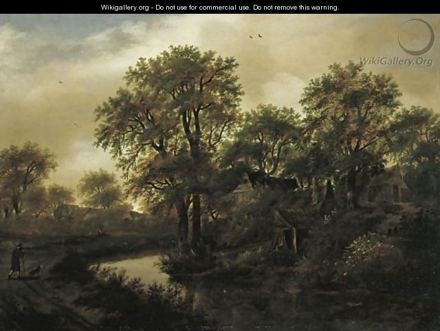 A Landscape With A Stream, Cottages In A Wood, And A Peasant With His Dog On A Path - Meindert Hobbema