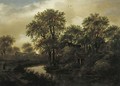 A Landscape With A Stream, Cottages In A Wood, And A Peasant With His Dog On A Path - Meindert Hobbema