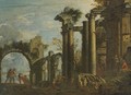 Architectural Capriccio With Fishermen And Figures Resting Among Ruins - (after) Giovanni Ghisolfi