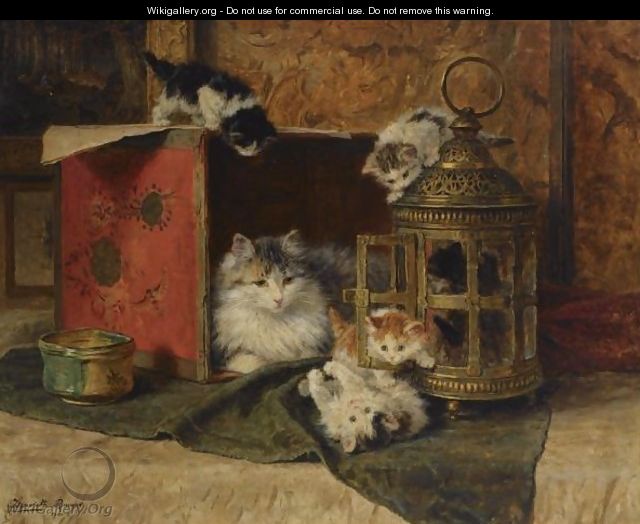 A Mother Cat Watching Her Kittens Playing - Henriette Ronner-Knip