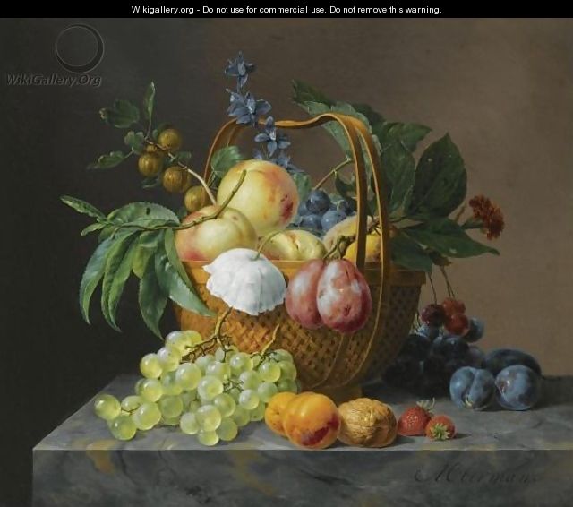 A Still Life With Fruit And Flowers In A Basket - Anthony Oberman