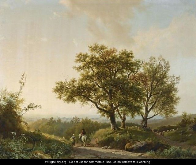 Travellers And A Shepherd In An Extensive Landscape Near Nijmegen - Barend Cornelis Koekkoek