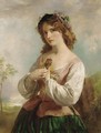 Portrait Of A Young Girl Holding Flowers - English School