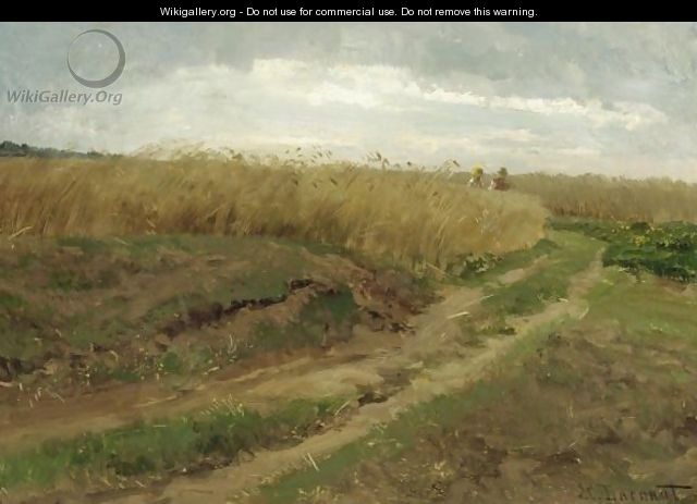 A Cornfield With Two Workers Walking Along A Path - Hugo Darnaut