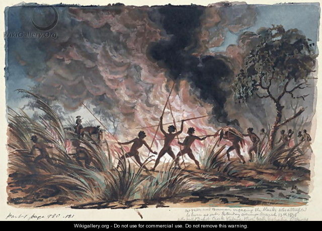Mr Phibbs and Bowman engaging the blacks who attempted to burn us out... Depot Creek, Victoria - Thomas Baines