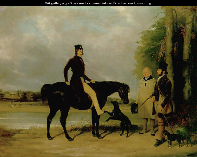 Richard Crawshay, on a black pony, talking to a gamekeeper and another man, with dogs, in the grounds of Ottershaw Park, Chertsey 1838 - William Barraud
