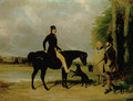 Richard Crawshay, on a black pony, talking to a gamekeeper and another man, with dogs, in the grounds of Ottershaw Park, Chertsey 1838 - William Barraud