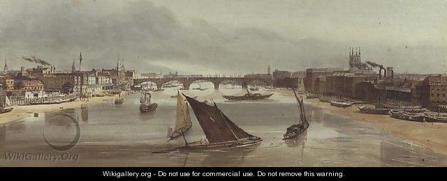 London Bridge from Southwark Bridge (Monument on left), 1842 - Thomas Shotter Boys