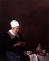 A Woman Seated at a Table Cutting a Slice of Cheese - Esaias Boursse