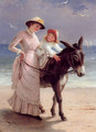 Mother and child promenading on a beach with a donkey - Jane Maria Bowkett