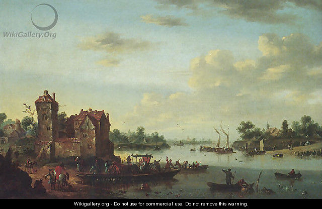 River landscape with an elegant couple in a carriage on a ferry - Johann Baptiste Bouttats