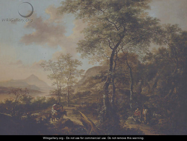 An Italianate evening landscape with a muleteer and goatherds on wooded path, a river and mountains beyond - Jan Both