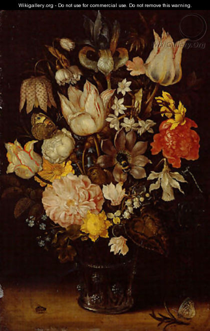 Still life of a bouquet of flowers including variegated tulips, bluebells, forget-me-nots and lily-of-the-valley (1) - Ambrosius the Elder Bosschaert