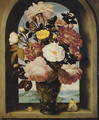 A still life of roses in a berkemeijer glass, with butterflies and a snail, in an arched stone window with a landscape beyond - Ambrosius the Elder Bosschaert