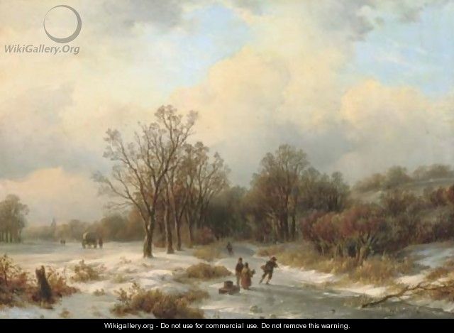 A sunlit winter landscape with villagers on a frozen waterway - Willem Bodemann