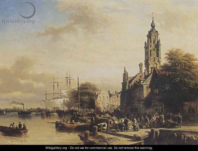 Numerous townsfolk on a quay, Middelburg 1852 - Elias Pieter van Bommel