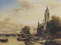Numerous townsfolk on a quay, Middelburg 1852 - Elias Pieter van Bommel