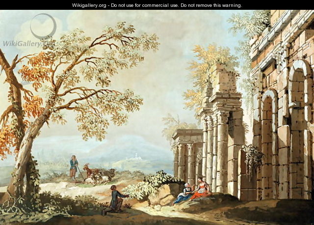 A Shepherd with Goats and other Figures amongst Classical Ruins (early 18th) - Anonymous Artist