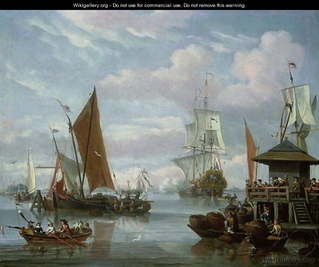 Estuary Scene with Boats and Fisherman - Johannes de Blaauw