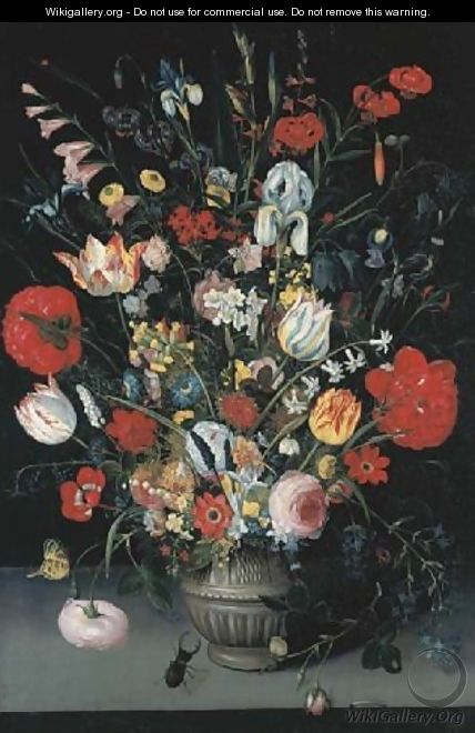 Tulips, irises, pink and white roses, narcissi, primroses and other flowers in a stone vase with butterflies, a caterpillar, a snail - Peter Paul Binoit
