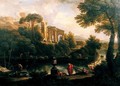 Landscape with figures by a pool with ruins in the background - Jan Frans van Orizzonte (see Bloemen)