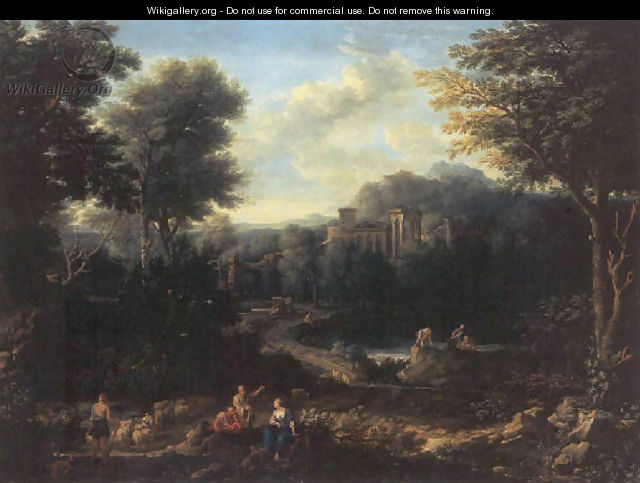 An arcadian landscape with herdsmen on a path and peasants fishing on a pond - Jan Frans van Orizzonte (see Bloemen)