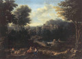 An arcadian landscape with herdsmen on a path and peasants fishing on a pond - Jan Frans van Orizzonte (see Bloemen)