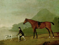 A saddled bay hunter with a groom and hounds, in a landscape - John Best