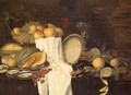 Still life of melons, grapes, oysters, crab and lemons on pewter plates, with a basket of fruit, wineglasses and a gilt cup - Andries Benedetti