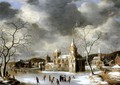 A castle on a frozen lake with skaters - Abraham Beerstraten