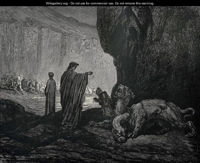 The Inferno, Canto 6, lines 24-26: Then my guide, his palms Expanding on the ground, thence filled with earth Raisd them, and cast it in his ravenous maw. - Gustave Dore