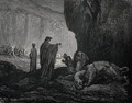 The Inferno, Canto 6, lines 24-26: Then my guide, his palms Expanding on the ground, thence filled with earth Raisd them, and cast it in his ravenous maw. - Gustave Dore