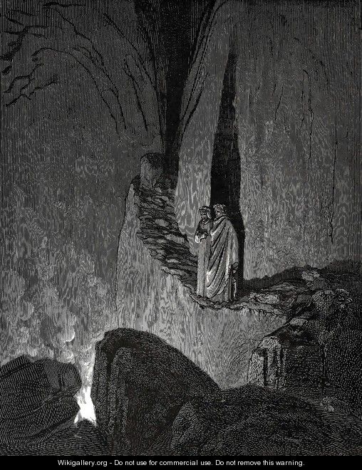 The Inferno, Canto 26, lines 46-49: The guide, who markd How I did gaze attentive, thus began: Within these ardours are the spirits, each Swathd in confining fire. - Gustave Dore