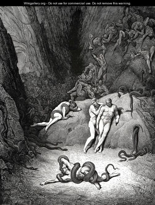 The Inferno, Canto 25, lines 59-61: The other two Lookd on exclaiming: Ah, how dost thou change, Agnello! - Gustave Dore