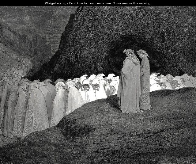 The Inferno, Canto 23, lines 92-94: Tuscan, who visitest The college of the mourning hypocrites, Disdain not to instruct us who thou art. - Gustave Dore