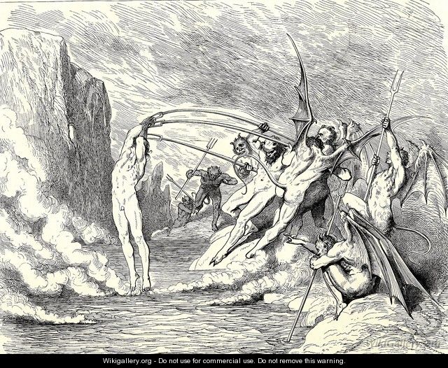 The Inferno, Canto 21, lines 50-51: This said, They grappled him with more than hundred hooks - Gustave Dore