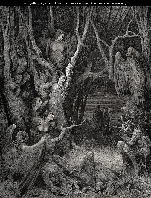 The Inferno, Canto 13, lines 11: Here the brute Harpies make their nest - Gustave Dore