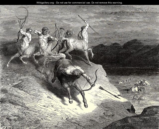 The Inferno, Canto 12, lines 73-74: We to those beasts, that rapid strode along, Drew near - Gustave Dore