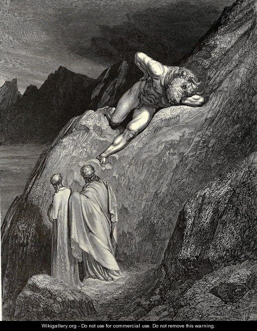 The Inferno, Canto 12, lines 11-14: and there At point of the disparted ridge lay stretchd The infamy of Crete, detested brood Of the feignd heifer - Gustave Dore