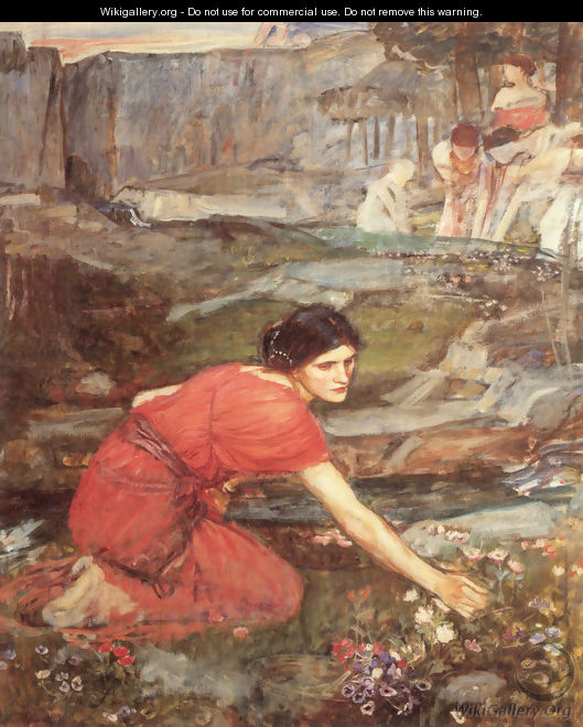 Maidens picking Flowers by a Stream [Study] - John William Waterhouse