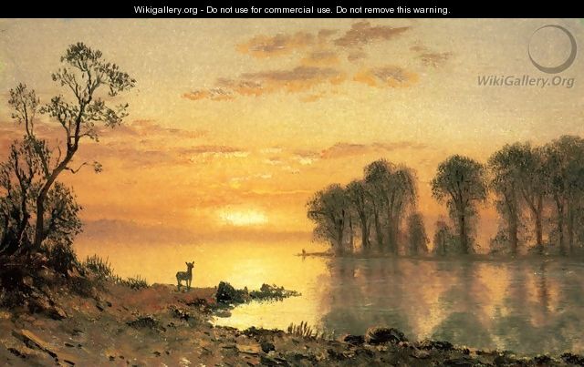 Sunset, Deer, and River - Albert Bierstadt