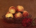 Nature Morte: Peches dans une coupe de verre, une rose fonces avec des feuilles a droite - Ignace Henri Jean Fantin-Latour